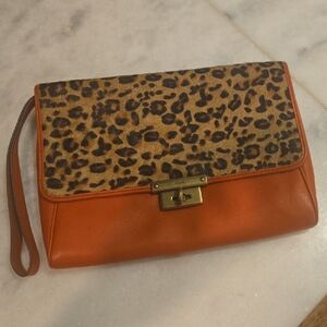 Fossil Orange Leather Wristlet Clutch with Leopard Print Flap